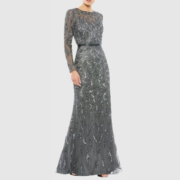 Mac Duggal 5124 Size 4 Charcoal Gray Beaded Long Sleeve Evening Gown Maxi Dress - Picture 4 of 7